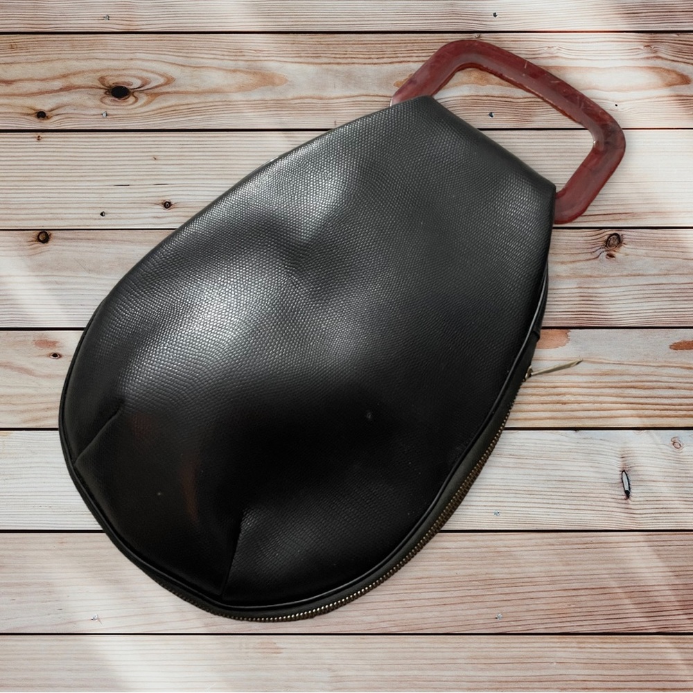 Vintage Mod Unique Faux Leather Black Bag w Lucite Handle